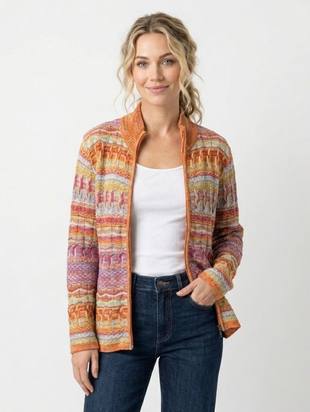 Marazzani Vintage Orange Blue Striped Zip Up Sweater - Medium